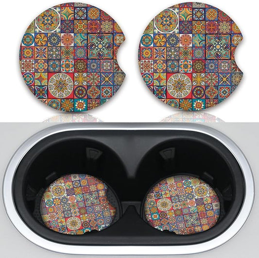 Car Coasters, Boho Absorbent Car Cup Holder Coasters, 2.75inch, Mandala Style for Women Men, 2 Pack Absorbent Universal Neoprene Car Coasters with Finger Slot