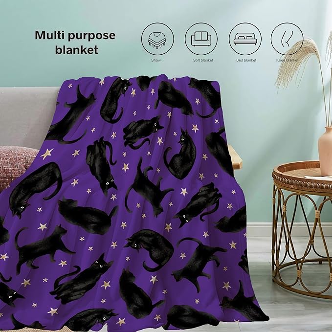 Khumbhira Cute Black Cats Blanket Gifts for Cat Lovers Girl, Stars Plush Moon Halloween Throw Blanket for Women Lightweight Flannel Fleece Christmas Bedding for Sofa Bed Chair for Adults 120x90In