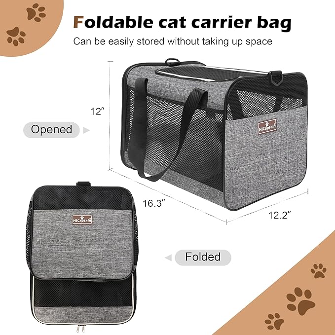 HiCaptain Cat Carrier Bag, Lightweight Soft Cat Carrier with Top Mesh Window, Breathable Pet Carrier for Medium Cats and Small Dogs Puppies up to 15 lb - Grey