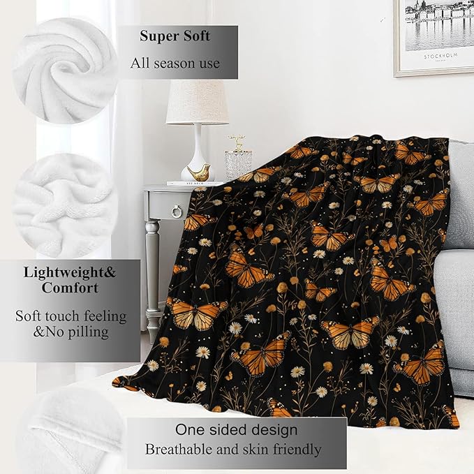 Butterfly Garden Blanket Floral Black Throw Blankets Gifts for Girls Women Adults Lightweight Soft Fleece Cozy for Sofa Couch Bed Room Travel Birthday Party Decor 50x60in