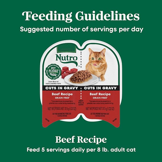 NUTRO Grain Free Natural Wet Cat Food Cuts in Gravy Beef Recipe, 2.64 oz. PERFECT PORTIONS Twin-Pack Trays, Pack of 24