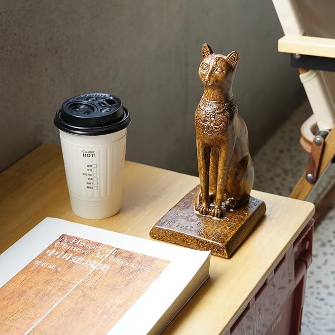 Book Ends Retro Cat Decorative Bookends, Vintage Antique Heavy Duty Egyptian Cat Hold Books Collectors, Black Decor for Office/Shelves/Living Room Father (Wood Grain)