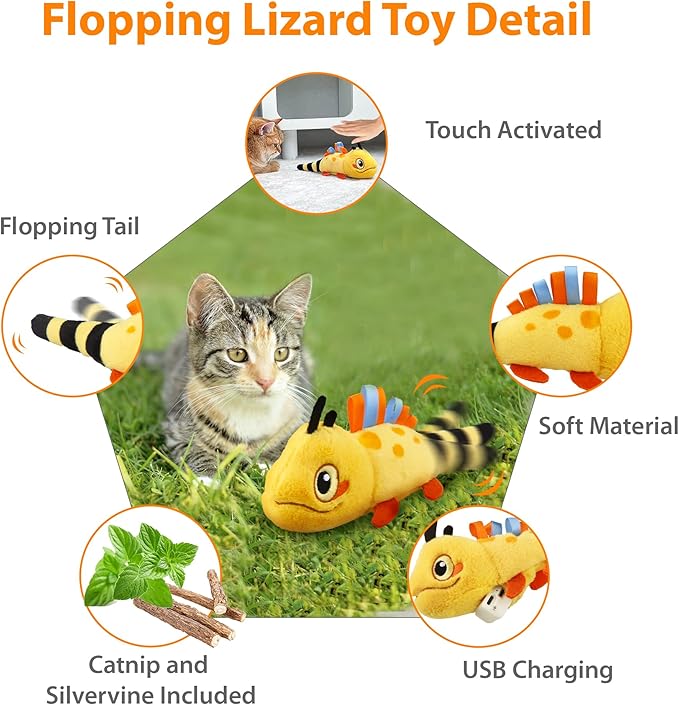 Gigwi Interactive Catnip Cat Toys, Electronic Flopping Toys Motion Activated, Automatic Moving Cat Toys for Indoor Cats, USB Rechargeable Cat Enrichment Toy Self Play for Hunting and Kicker, Lizard