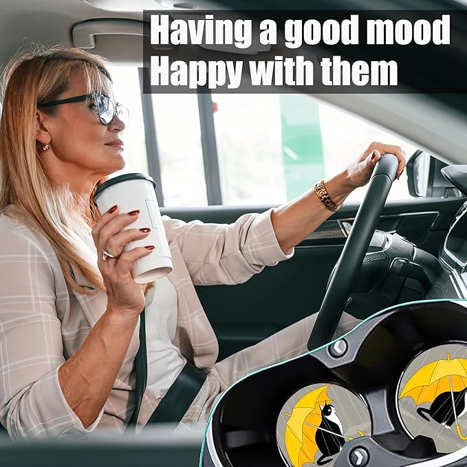Black Cat Rain Car Coasters for Cup Holders, Absorbent Ceramic Coaster with Cork Back, Car Accessories Gifts for Men Women, 2PCS Universal Anti Slip Car Accessories, Cup Mat for Most Car Interior
