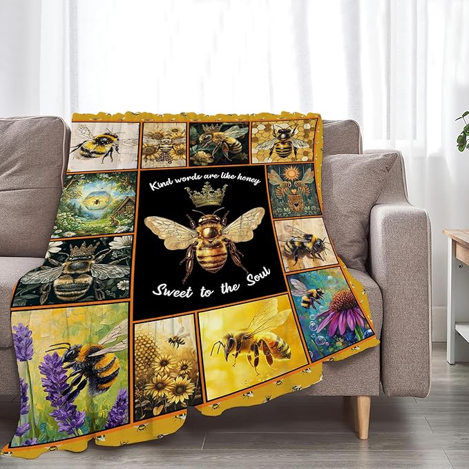 Bee Blanket Ultra Soft Cozy Bee Queen Throw Blanket Fleece Fuzzy Plush Bee Honey Blanket Decor Gifts for Women Girls Adults Couch Sofa 60"x50"