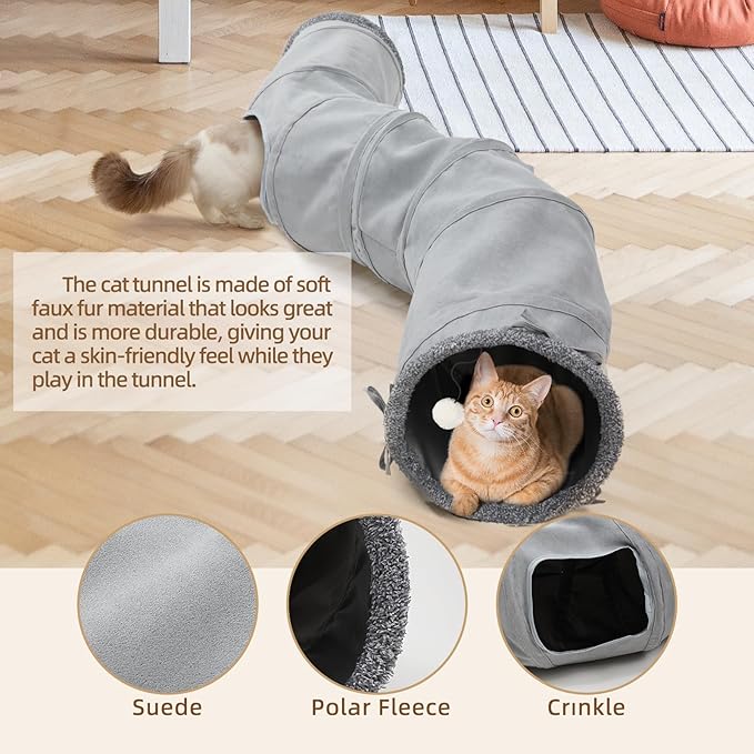 Cat Tunnels for Indoor Cats, Collapsible S-Shape Peekaboo Cat Play Tube Toy Cat Cave, 10.5" Diameter Large Cat Tunnel, Roller Track Kitten Toy, Plush Pet Toy with Catnip, Tease Stick for Cat