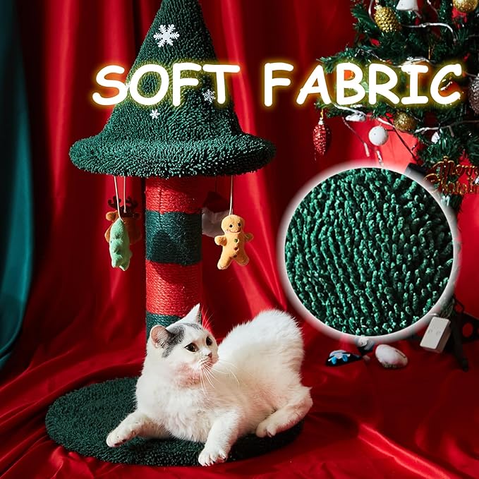 LUCKITTY Cat Scratching Post with 4 Hanging Plush Toy - Christmas Tree Alternative Give Your Cat a Toy and Scratching Post in One with This Ultimate Cat Tree 30 * 15 Inch Red Green