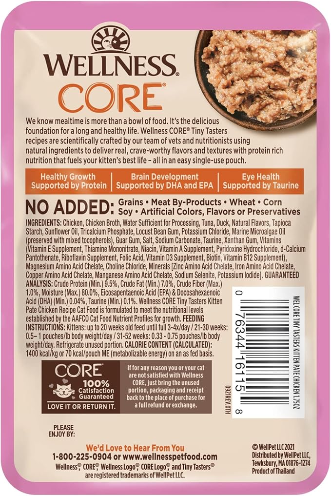 Wellness CORE Tiny Tasters Wet Kitten Food, Complete & Balanced Natural Pet Food, Made with Real Meat, 1.75-Ounce Pouch, 12 Pack (Kitten, Chicken Pate)