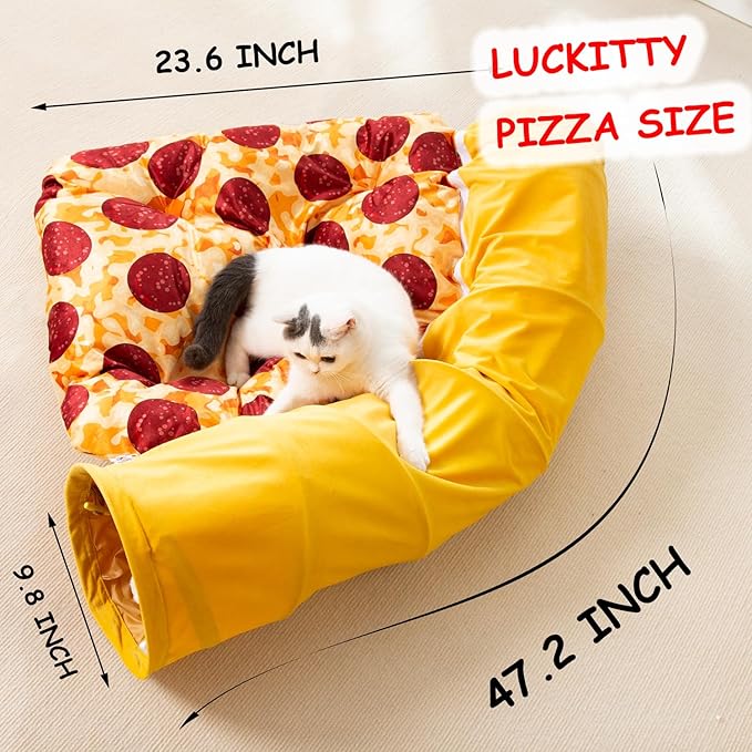 LUCKITTY Cat Tunnel Bed - Peek-a-Boo Pizza Shape Design for Cozy and Playful Animals - 9.8 -Inch Diameter Yellow