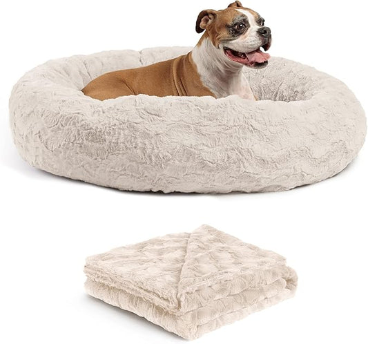 Best Friends by Sheri Bundle Set The Original Calming Lux Donut Cuddler Cat and Dog Bed + Pet Throw Blanket Oyster Large 36" x 36"