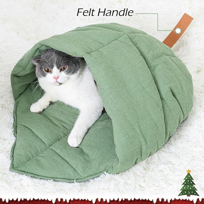 Cat Sleeping Bag , Linen Fabric Bed Cave Leaf Nest Pet Cuddle Zone Covered Hide Hood Burrowing Cozy Soft Durable Washable with Non-Slip Bottom for Indoor Puppy and Kitten (Green), PD50082