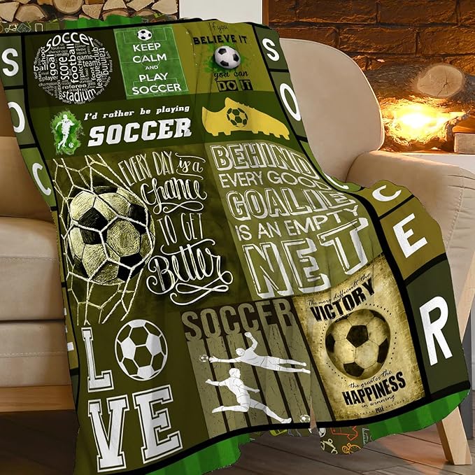 Soccer Blanket Sport Theme Throw Blanket Ultra Soft Cozy Fleece Soccer Gift for Soccer Lover Fuzzy Plush Bedding Blankets for Soccer Team Player Kids Teens Adults Girls Boys Women Men 60"x50"