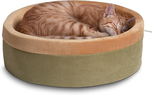 K&H Pet Products Thermo-Kitty Bed Heated Cat Bed for Indoor Cats , Electric Warming Bed for Cats and Small Dogs, Washable Thermal Plush Calming Round Pet Bed - Large 20" Sage/Tan