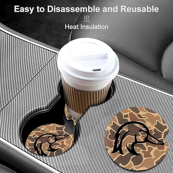 Car Coasters for Cup Holders,2 Pack Brown Camo Wood Duck Car Coasters,2.75" Universal Size Anti Slip Rubber Mat,Automotive Cup Holder Decal Decor Accessories,Gifts for Duck Lovers Women,Men,Mom