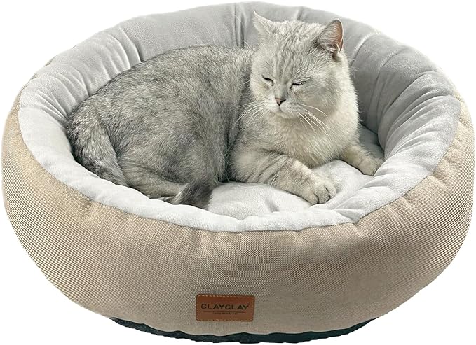 Cozy Round Cat Bed – Soft, Comfortable Cushion for Cats & Kittens – Non-Slip, Machine Washable, Plush Sleep Bed for Cats, Ideal for Resting & Napping (Khaki & Large)
