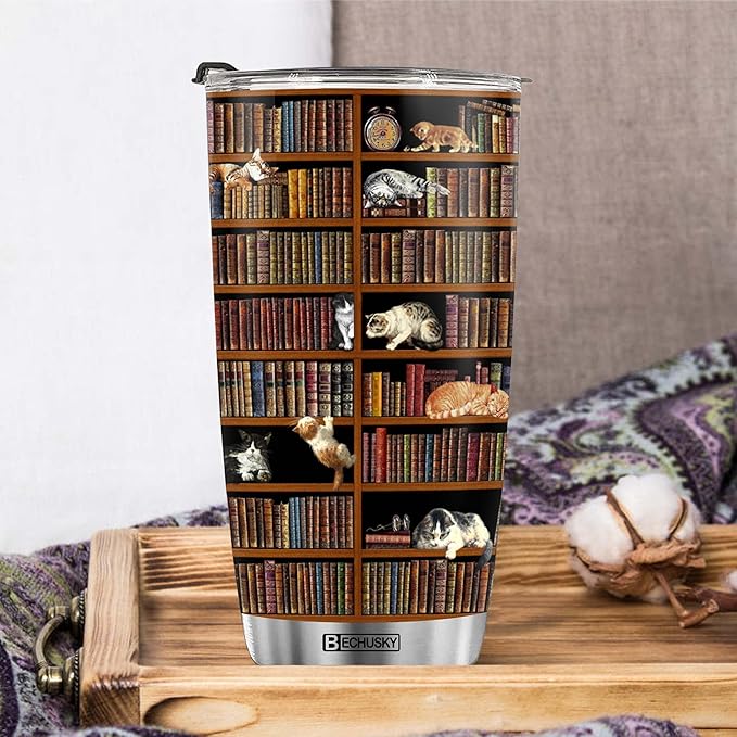 BECHUSKY Cat Library Bookshelf Tumbler - Cat Book Lover Librarian Reading Gift for Friends, Readers, Bookworm, Book Lovers on Birthday, Christmas, Anniversary