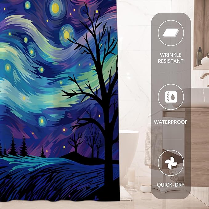 Black Cat Starry Night Shower Curtain,Inspired Bathroom Decor with Whimsical Galaxy Sky,Gothic Witchcore Aesthetic for Cat Lovers,Waterproof Curtain with Hooks, 72x72 Inches