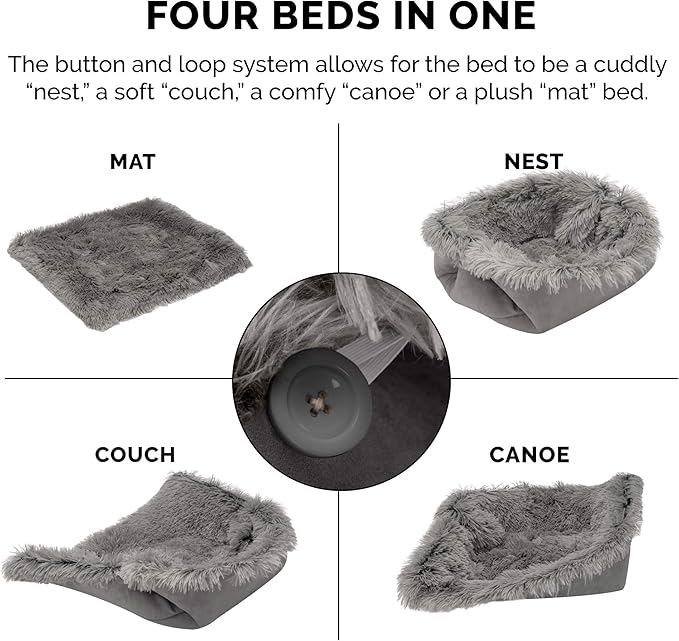 Furhaven Self-Warming Cat Bed for Indoor Cats, 4-Beds-in-1 & Washable - Plush Long Faux Fur Convertible Cuddler - Gray, Large, 35.5"L x 30.0"W x 0.5"Th