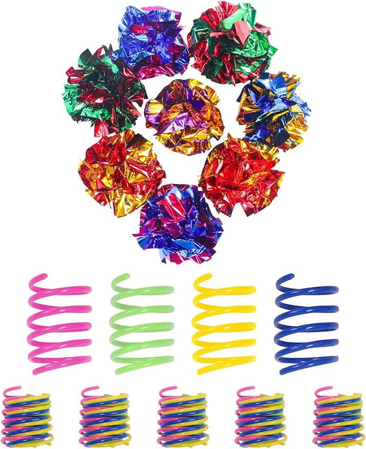 SEVENKA Cat Toys 8 Pcs Color Crinkle Balls and 24 Spring Toys, 2in/5cm Cat Toy Balls, Kitten Toys, Plastic Spiral Springs for Cat Swatting, Biting, Hunting, Active Healthy Play