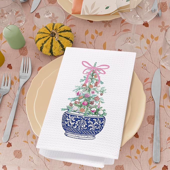 SPBL&L Chinoiserie Christmas Kitchen Towels, Pink Bow Christmas Tree Hand Towels for Bathroom, Blue and White Porcelain Chinoiserie Christmas Dish Towels, Christmas Kitchen Bathroom Decor, 16x24 Inch