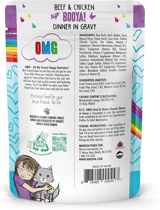 Weruva B.F.F. OMG - Best Feline Friend Oh My Gravy!, Booya! Beef & Chicken in Gravy Cat Food, 2.8oz Pouch (Pack of 12)
