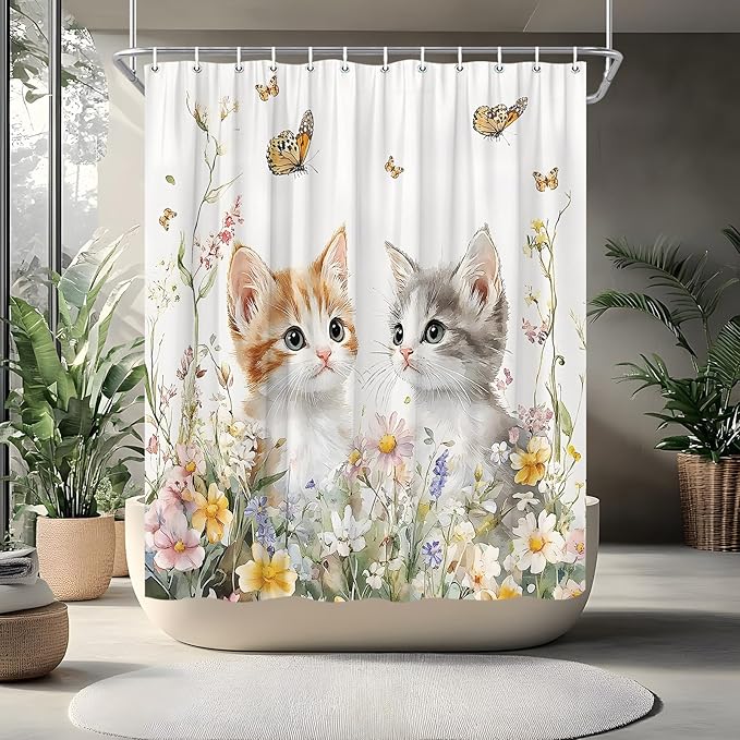 Butterfly and Kitten Floral Shower Curtain Cute Cat Spring Farmhouse Rustic Farm Animal Garden Cats Pet Lover Wildflower Bathroom Curtains Set Polyester Fabric with Hooks 80" W x 70" L