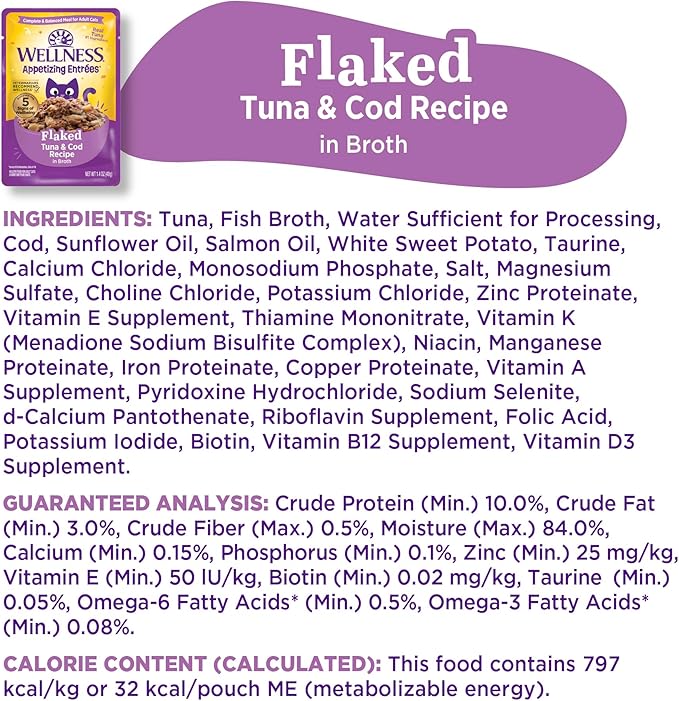 Wellness® Appetizing Entrées™ Flaked Tuna & Cod Recipe in Broth Natural Wet Cat Food, 1.4 oz Pouch (Pack of 8)