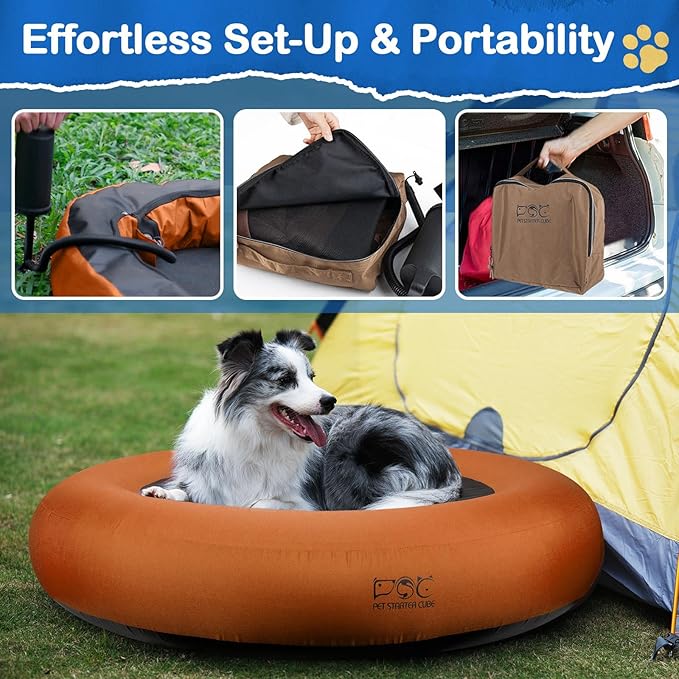 Elevated Dog Bed,Inflatable Dog Bed Raised,Pet Cushion Sofa for Large Dogs,Portable Dog Cot Doughnut Round Stand,Waterproof Dog Bed Frame for Indoor,Outdoor(Brown)