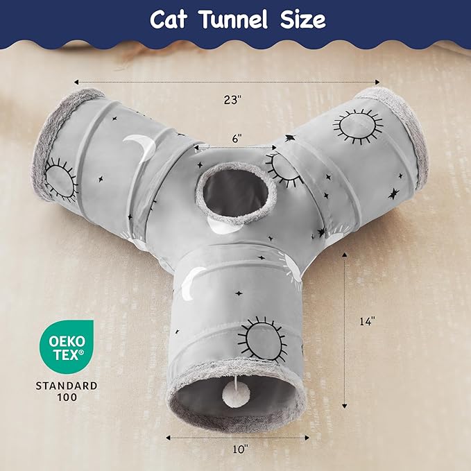 Tempcore Pet Cat Tunnel Tube Cat Toys 3 Way Collapsible, Cat Tunnels for Indoor Cats Fleece-Lined in for Warmth，Kitty Tunnel Bored Cat Pet Toys Peek Hole Toy Ball Cat, Puppy, Kitten, Rabbit Gray Sun