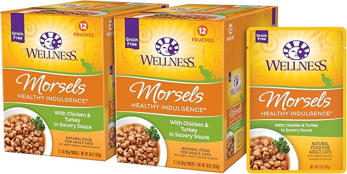 Wellness Healthy Indulgence Morsels Grain-Free Wet Cat Food, Made with Natural Ingredients, Quality Proteins, Complete and Balanced Meal, 3 Oz Pouches (Chicken & Turkey, 24 Pack)