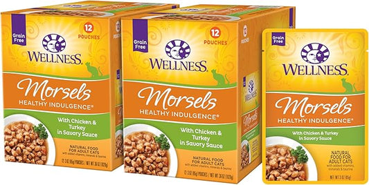 Wellness Healthy Indulgence Morsels Grain-Free Wet Cat Food, Made with Natural Ingredients, Quality Proteins, Complete and Balanced Meal, 3 Oz Pouches (Chicken & Turkey, 24 Pack)