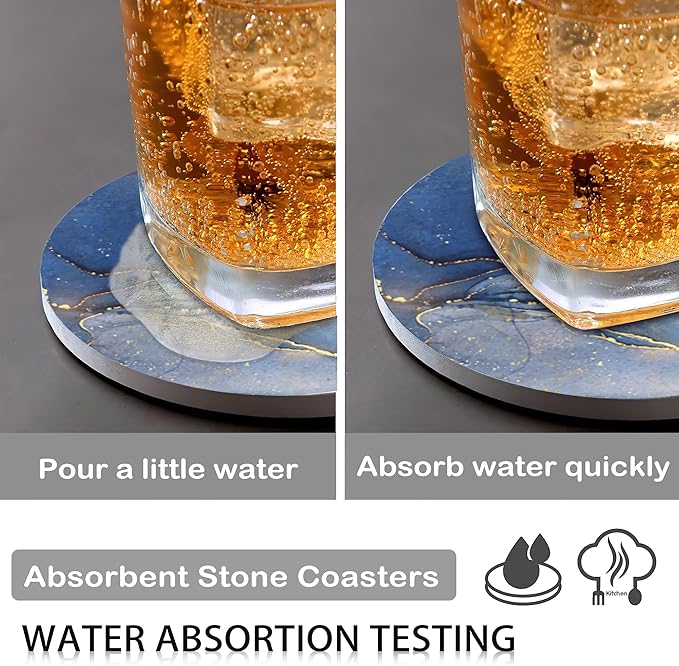 Blue Marble Fluid Set of 6 Coasters for Drinks Absorbing Round Ceramic Stone Coaster with Cork Base,Tabletop Protection Mat for Mugs and Cups,Office,Kitchen