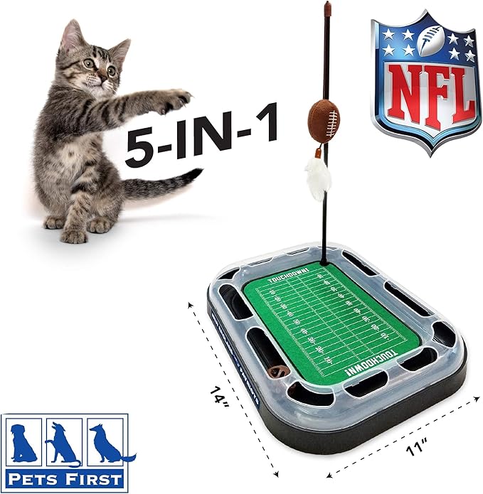 CAT BALL BELL TOY NFL New England Patriots Football Field CAT Scratcher Toy with Catnip Filled Plush Football Toy&Feather Cat Toy Hanging,&Jingle Bell Interactive Ball Cat Chasing 5-in-1 Kitty Toy