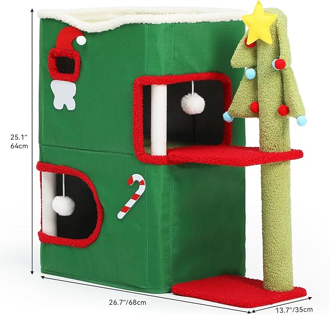 YITAHOME Christmas 2 Storey Cat House for Indoor Cats Bed, Covered Cat Beds & Furniture with Highway Cave, Scratch & Itching Post, Christmas Modern Cat Condo Furniture for Multi Small Cats