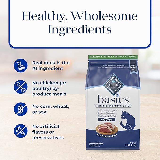 Blue Buffalo Basics Grain-Free Dry Cat Food, Skin & Stomach Care, Limited Ingredient Diet for Indoor Cats, Duck & Potato Recipe, 5-lb. Bag