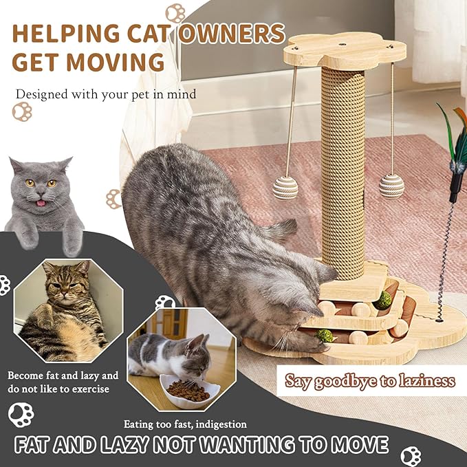 Wood Cat Scratching Post, Cat Tree Scratching Post with Cat Interactive Toy, Cat Scratching Post for Indoor Cats (18In)