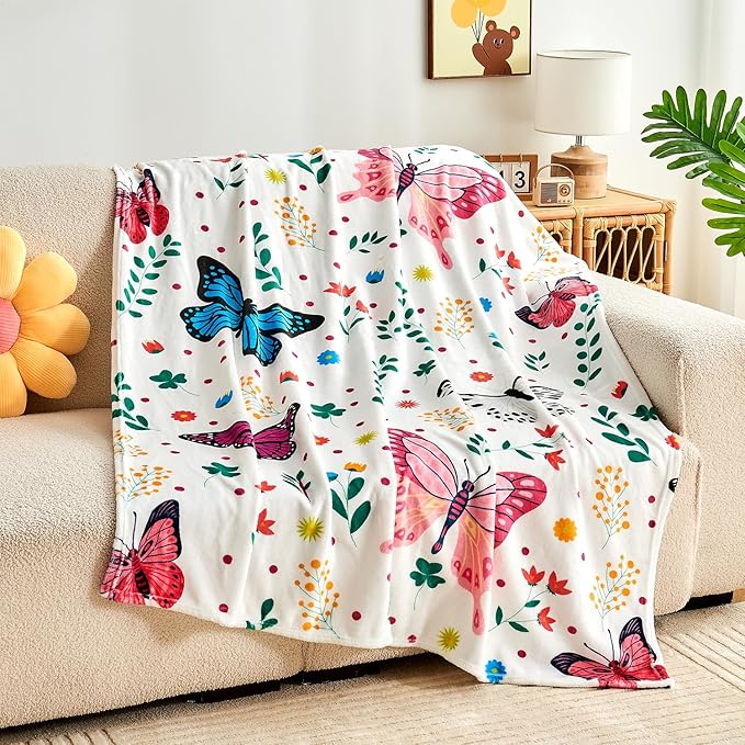 JameswishButterfly Throw Blanket for Girls Women Watercolor Butterfly Blanket Soft Fuzzy Flannel Bed Blanket Plush Butterfly Birthday Gifts for Women Girls Mom Kids Adults,50”x60”