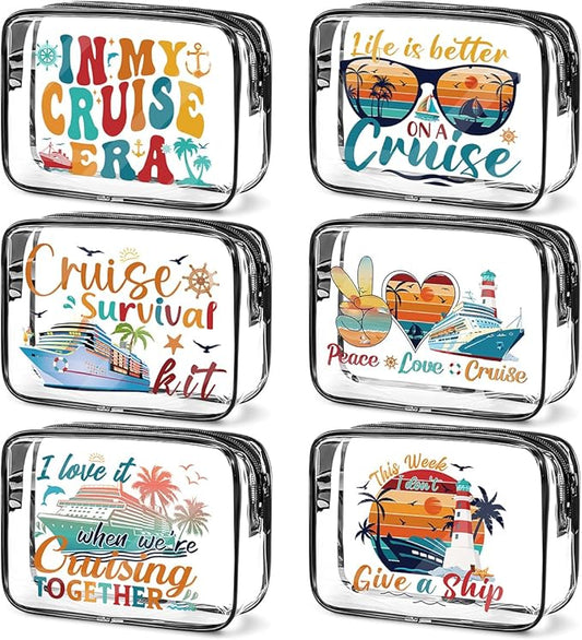 6 Pcs Clear Cruise Makeup Bags Gifts, Cruise Essentials Beach Cosmetic Bag for Women, Cruise Ship Survival Kits, Travel PVC Waterproof Toiletry Bags for Girls Sister Daughter Nurse Teacher