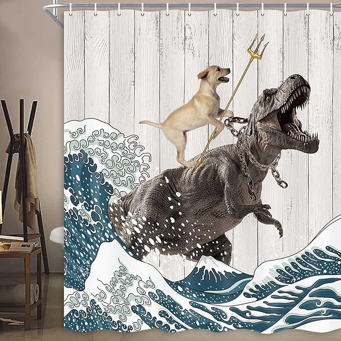Boziqr Funny Dog Shower Curtain, Japanese Ocean Wave Dinosaur Rustic Barn Door Decor Fabric Bathroom Curtains Set, Cute Animal Kids Polyester Fabric Waterproof, 70 X 84 Inches