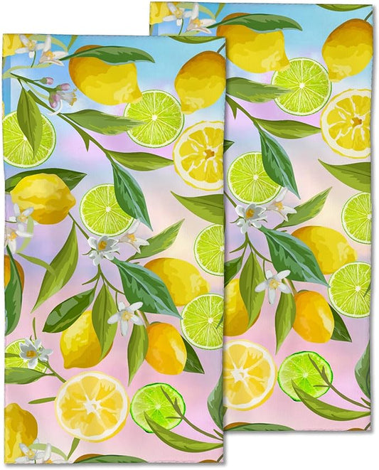 2 Pack Hand Towels for Bath,Yellow Green Lemons Decorative Towels Highly Absorbent Soft Towels for Bathroom Beach Kitchen Spa Gym Face Towel 14x28 Inch