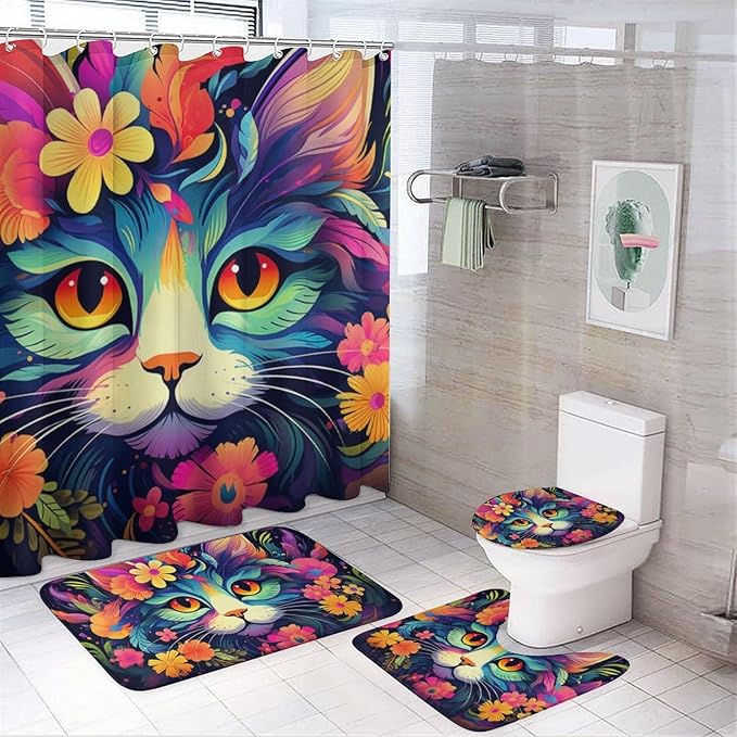 4 Pieces Colorful Abstract Cat Shower Curtain Set Funny Flower Animals Glam Bathroom Decor Sets with Rugs Bathroom Accessories Set Bathroom Curtain Shower Set with 12 Hooks