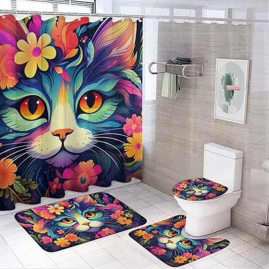4 Pieces Colorful Abstract Cat Shower Curtain Set Funny Flower Animals Glam Bathroom Decor Sets with Rugs Bathroom Accessories Set Bathroom Curtain Shower Set with 12 Hooks