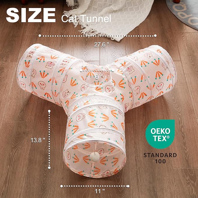 Love's cabin Cat Tunnel Tube Cat Toys 3 Way Collapsible, Cat Tunnels for Indoor Cats，Kitten Tunnel Bored Cat Play Tunnel with Peek Hole Toy Ball for Cat, Kitty, Kitten, Rabbit, Puppy Pink-Rabbit