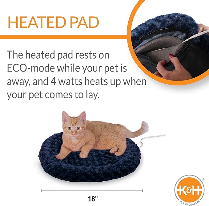 K&H Pet Products Thermo-Kitty Fashion Splash Indoor Heated Cat Bed, Heated Bed for Dogs or Cats with Removable Waterproof Heater Blue Small 18 Inches Round