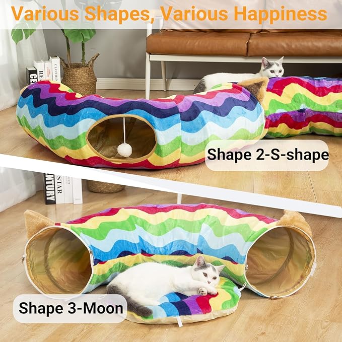 LUCKITTY Large Cat Tunnel Bed with Plush Cover,Fluffy Toy Balls, Small Cushion and Flexible Design- 10 inch Diameter, 3 ft Length- Great for Cats, and Small Dogs, Rainbow Wave Color