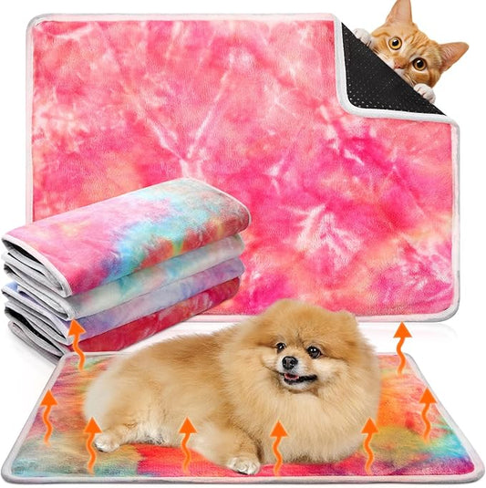 4 Pack Self Heating Cat Bed Cat Self Warming Pad with Removable Cover Extra Warm Thermal Pet Pad Washable Pet Crate Mat Anti Slip Kennel Pad for Indoor Outdoor Pets (Tie Dye,20 x 28 Inches)