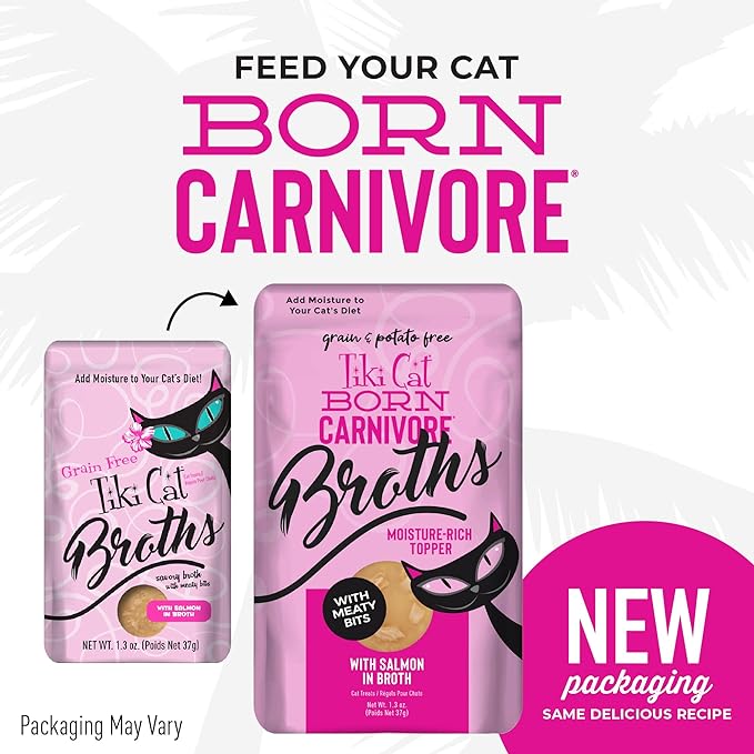 Tiki Cat Born Carnivore Broths, Salmon Recipe, Hydration and Flavor Supplement Cat Food Topper, 1.3 oz. Pouch (Pack of 12)
