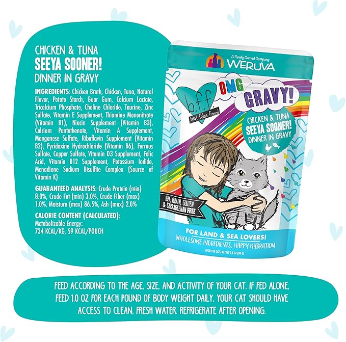 Weruva B.F.F. OMG - Best Feline Friend Oh My Gravy!, Seeya Sooner! with Chicken & Tuna in Gravy Cat Food, 2.8oz Pouch (Pack of 12)