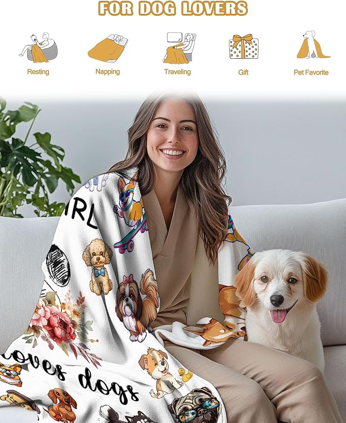 Dog Lovers Gifts for Women, Just A Girl Who Loves Dogs, Blanket with Dogs On It, Dog Lover Blankets for Girls, Puppys Gifts for Women Girl Kids, Puppys Theme Blanket 40" X 50"