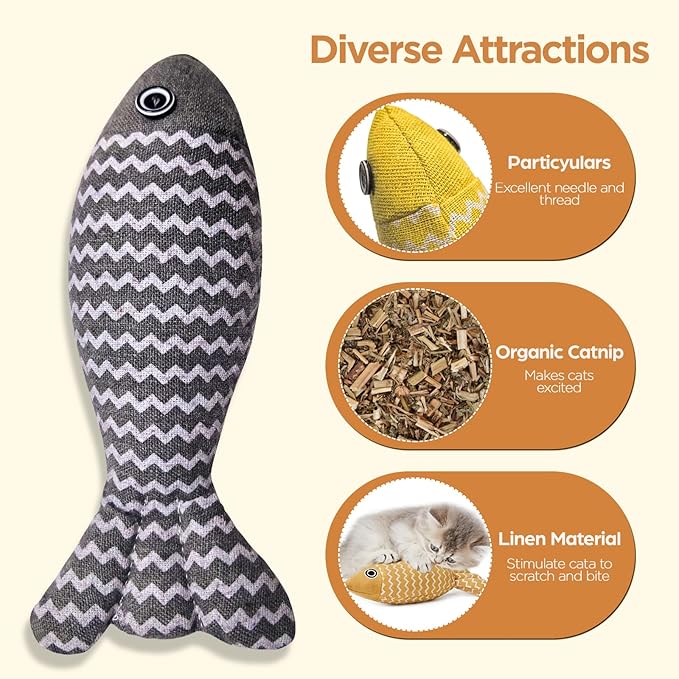 Indoor Cat Toys for Catnip Fish: 3 Packs Simulation Fish Shape Soft Linen Exercise Kicker Toys, Chew Bite Supplies for Cat Toys Self Play